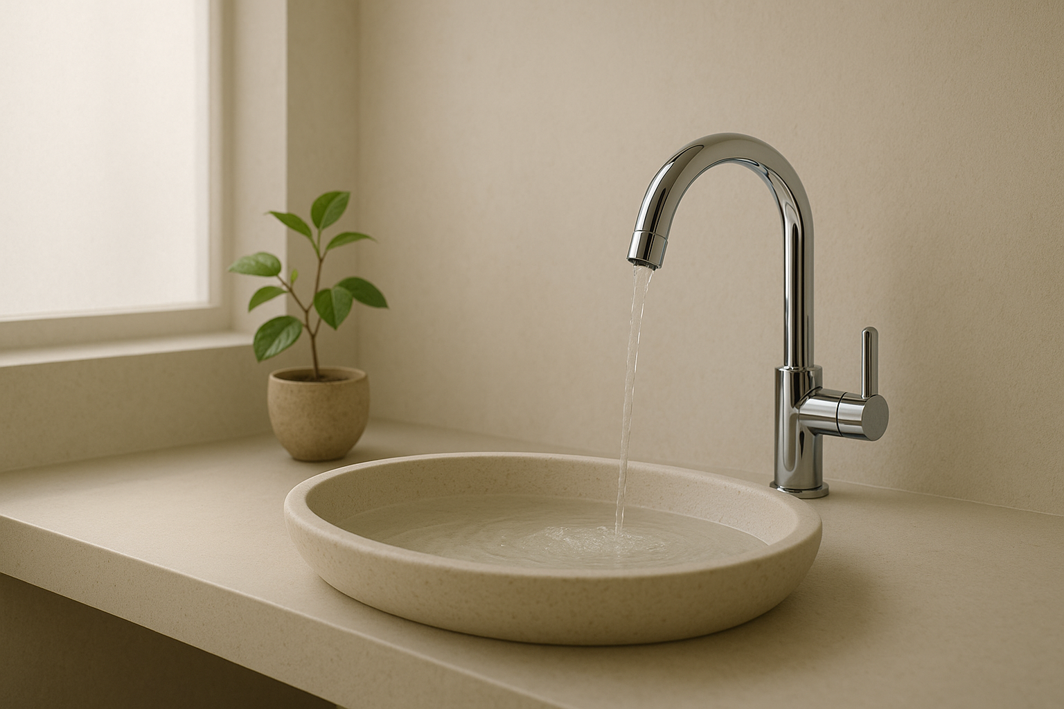 Minimalist bathroom with chrome faucet and gentle water flow,
soft daylight, small green plant, natural tones, zen taoist harmony style.
