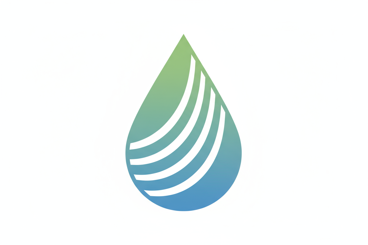 Minimalist flat icon of a water droplet with inner waves, symbolizing water saving and efficiency. 
Soft jade green (#88A27F) and calm blue (#7DA6C9) gradient on white background, 
thin lines, Scandinavian eco design style.
