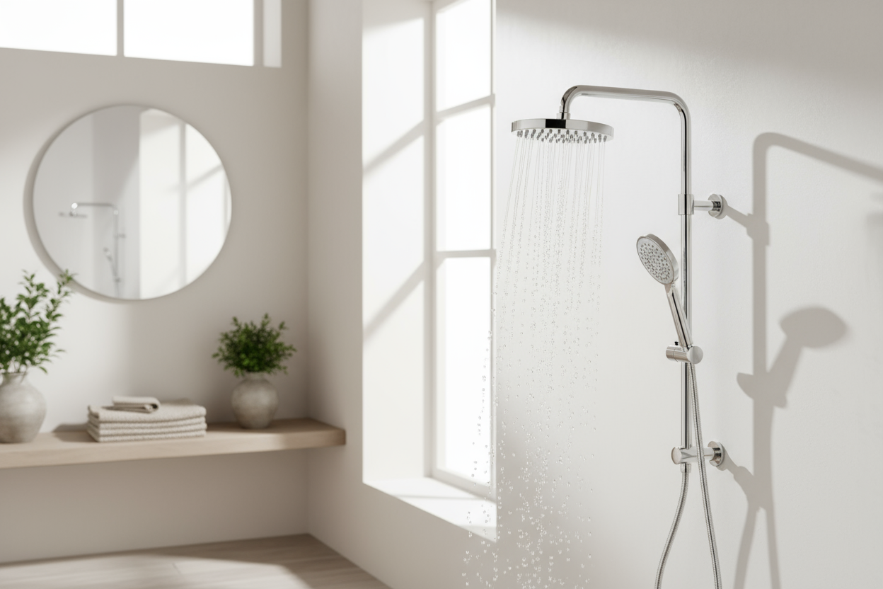 Modern chrome shower head with clear water flow, minimalist Scandinavian bathroom, 
bright neutral tones, soft daylight, zen harmony, eco design style.
