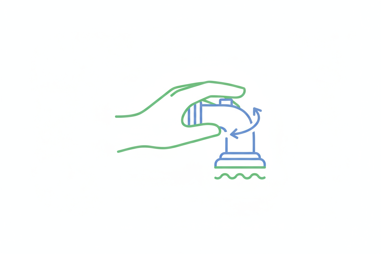 Simple flat line icon showing a hand turning a faucet or connecting a shower head. 
Represents quick, tool-free INSTALLATSION.
Use jade green and calm blue colors, white background, minimalist Scandinavian aesthetic.
